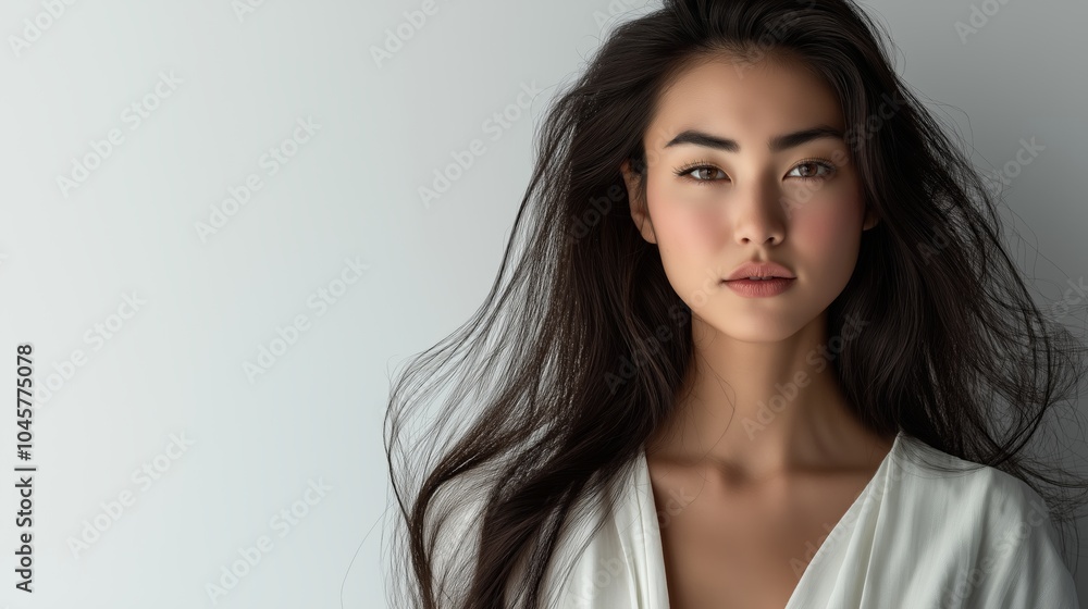 Naklejka premium Natural Portrait of an Asian Woman with Flowing Hair in Soft Lighting