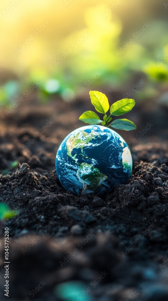 Earth globe with sprout in fertile soil