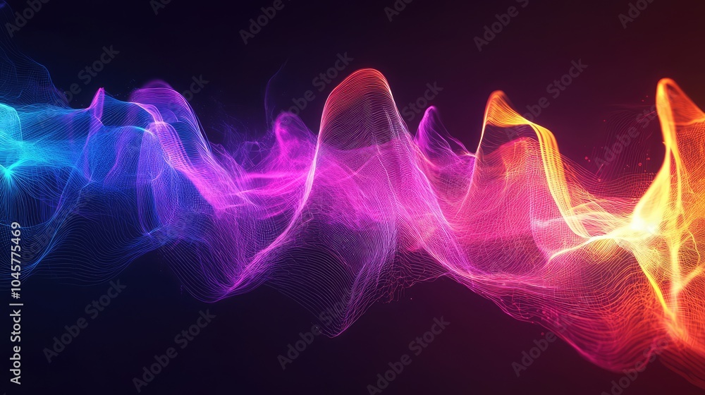An abstract digital representation of sound waves in neon colors, pulsating rhythmically against a dark background An abstract digital representation of sound waves in neon colors, pulsating rhythmically against a dark background