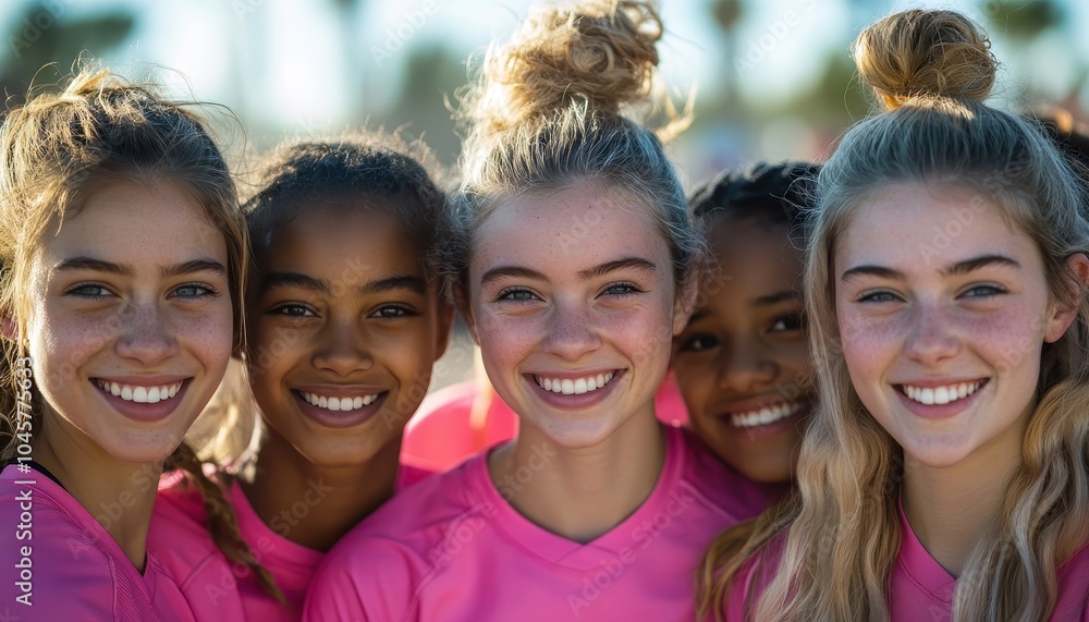 Young female soccer players smiling together during practice in sunny conditions Young female soccer players smiling together during practice in sunny conditions
