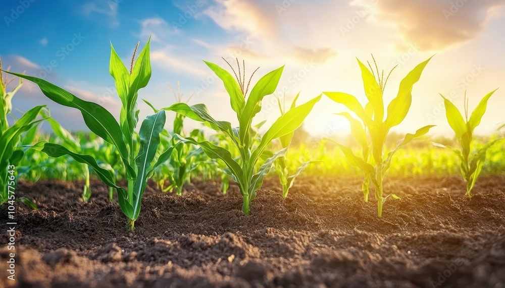 Vibrant corn field under a clear blue sky with fluffy clouds at sunrise Vibrant corn field under a clear blue sky with fluffy clouds at sunrise