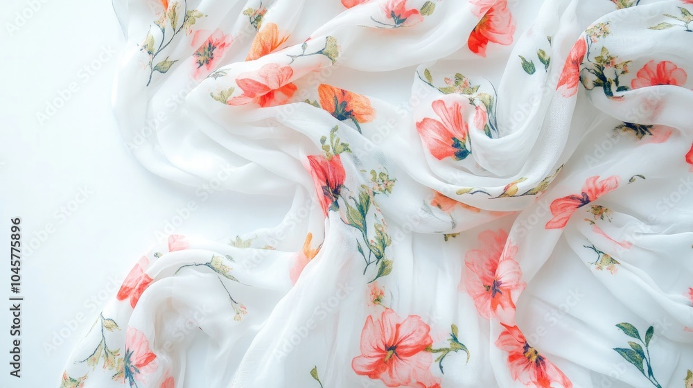 A lightweight summer scarf with floral prints, casually laid out on a bright white background, creating a fresh and breezy fashion scene A lightweight summer scarf with floral prints, casually laid out on a bright white background, creating a fresh and breezy fashion scene