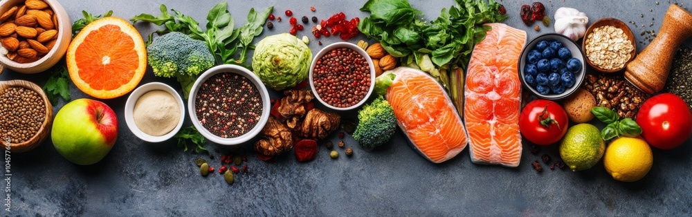A vibrant selection of fresh produce, including fruits, vegetables, nuts, and fish, displayed on a gray surface, emphasizing healthy eating choices