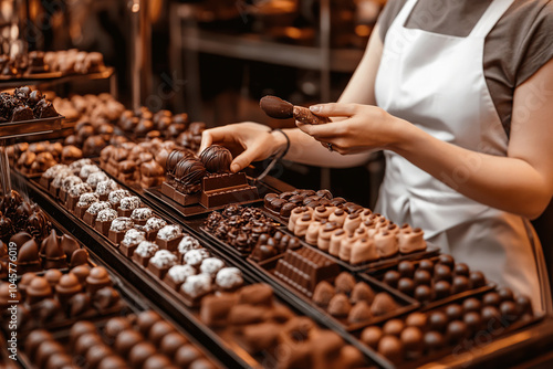 Chocolatier piping filling into chocolates, creating a mouth watering display. Handmade treats perfect for celebrations or gifts on special occasions.