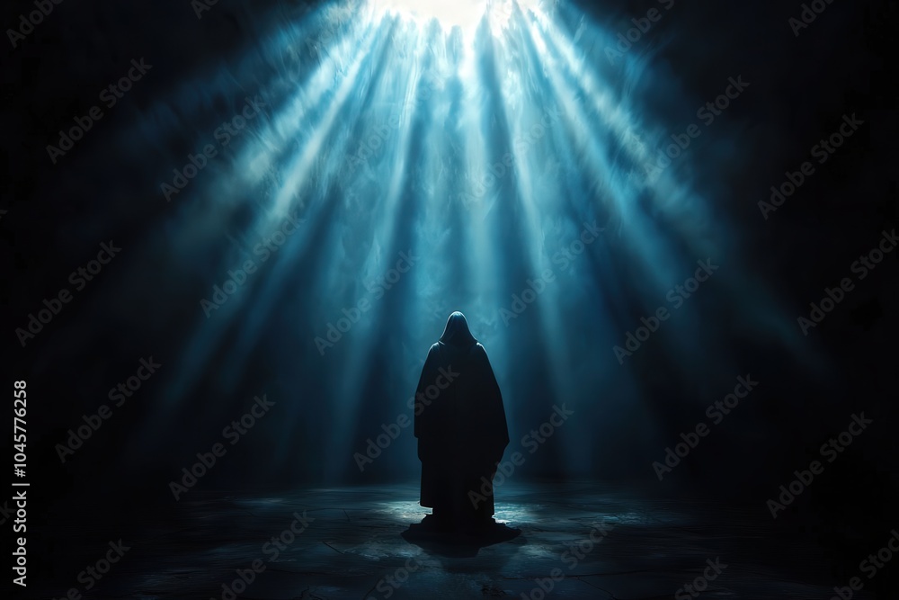 A Solitary Figure Bathed in Ethereal Light in a Mysterious Darkness A Solitary Figure Bathed in Ethereal Light in a Mysterious Darkness