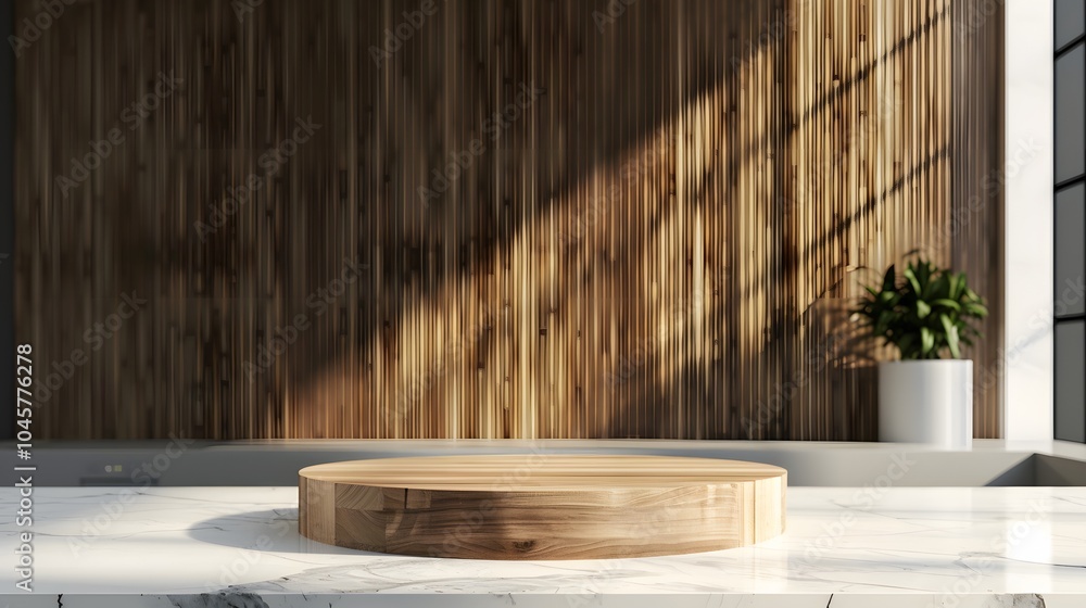 Wooden podium on a white marble countertop with a slatted wooden wall background. Wooden podium on a white marble countertop with a slatted wooden wall background.