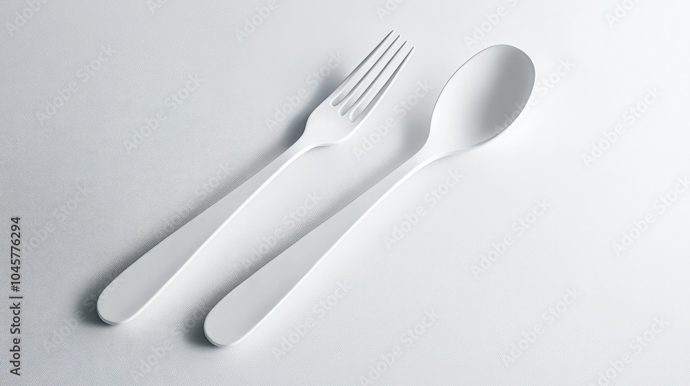 A minimalistic spoon and fork set placed diagonally on a white surface, with clean, simple lines reflecting an elegant, upscale dining experience A minimalistic spoon and fork set placed diagonally on a white surface, with clean, simple lines reflecting an elegant, upscale dining experience