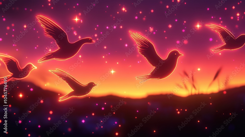 Fototapeta premium Silhouettes of birds in flight, outlined in neon orange and pink against a twilight sky filled with glowing stars