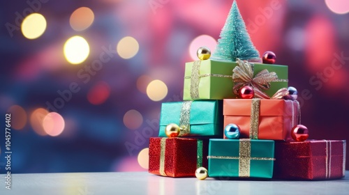 A Christmas tree made from small gifts and decorated with a star.	