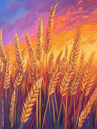 Golden wheat field at sunset, colorful sky photo