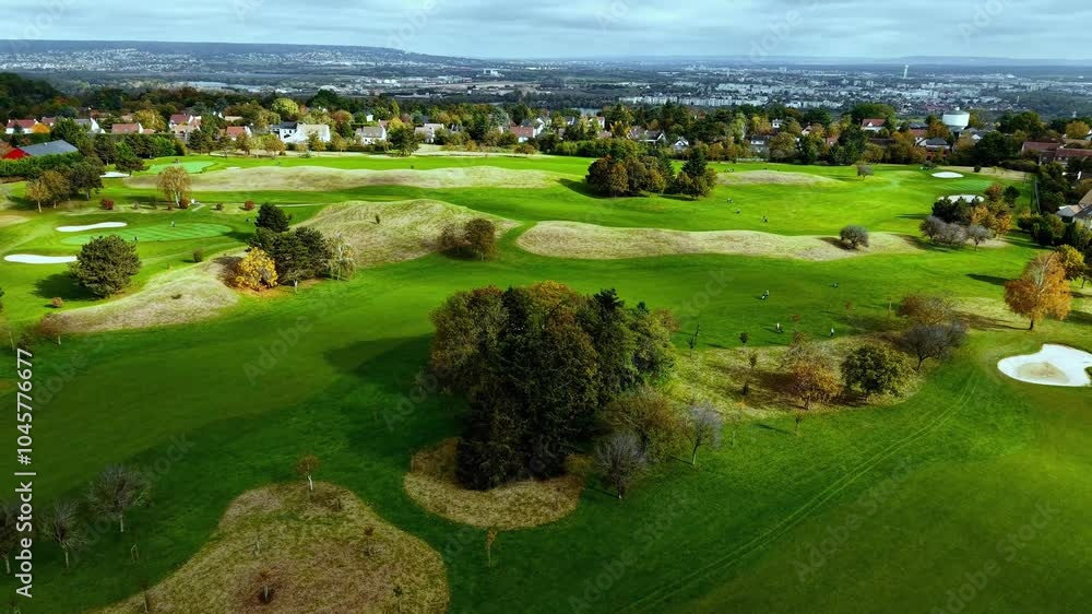Stunning aerial view showcasing a vibrant green golf course, lined with trees and featuring sandy hazards Stunning aerial view showcasing a vibrant green golf course, lined with trees and featuring sandy hazards