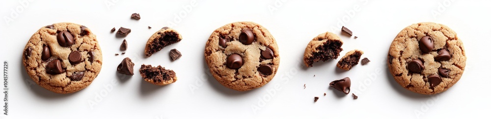 Four chocolate chip cookies, one whole and three broken in half, isolated on a white background. Four chocolate chip cookies, one whole and three broken in half, isolated on a white background.
