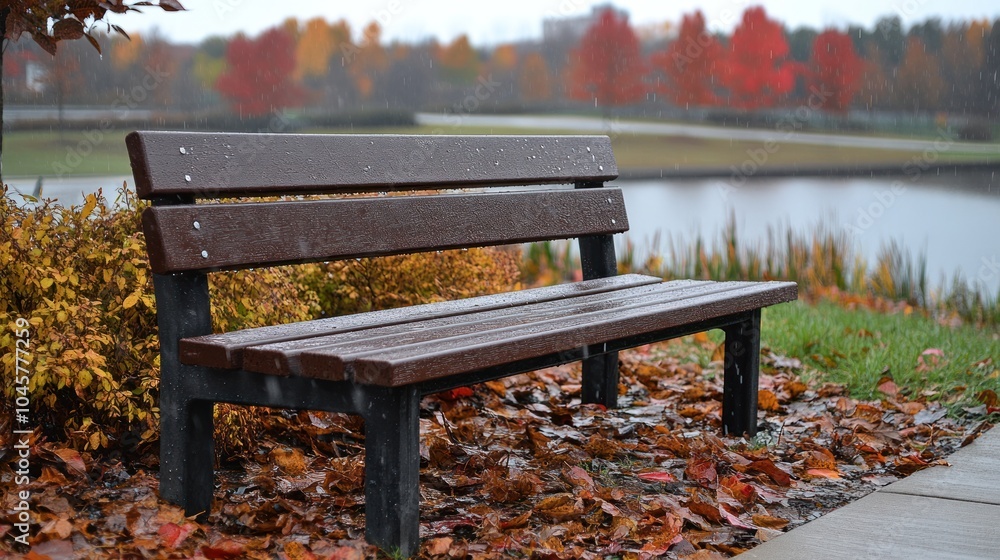 A wooden bench sits empty in a park on a rainy autumn day, with fallen leaves surrounding it and colorful trees in the background. A wooden bench sits empty in a park on a rainy autumn day, with fallen leaves surrounding it and colorful trees in the background.