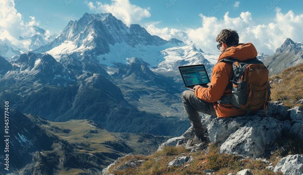 Naklejka premium Digital nomad lifestyle with person working on mountain exploring remote work possibilities concept of adventure remote working 