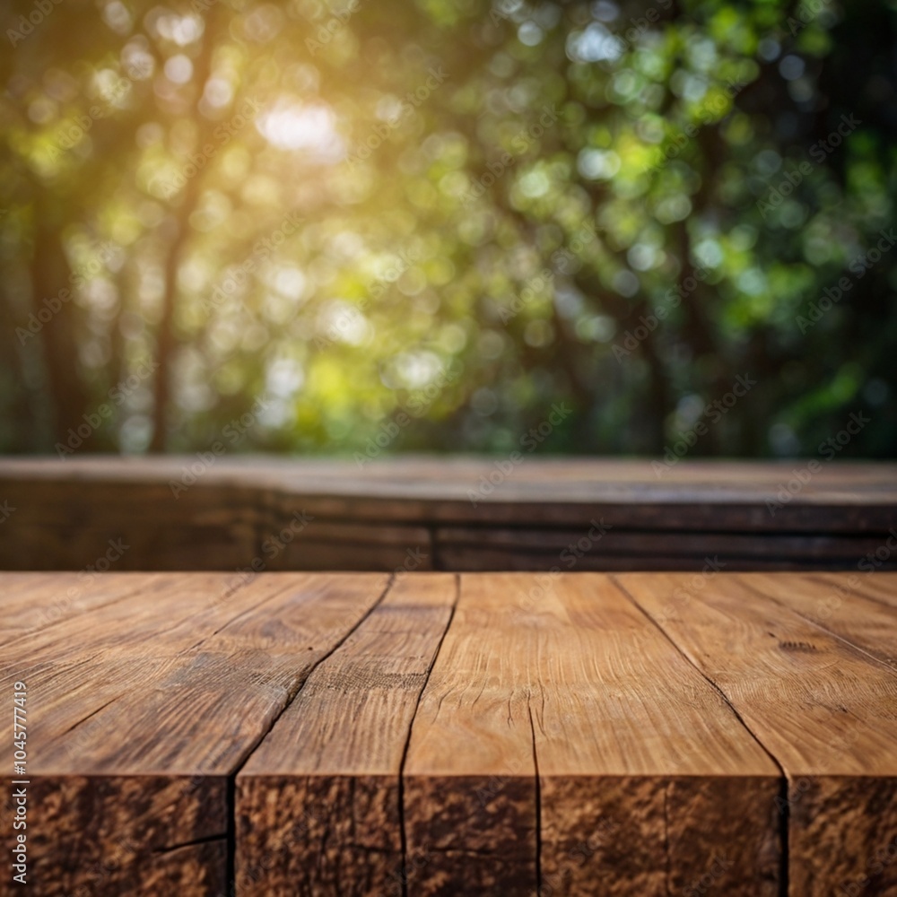 A wooden tabletop in a sunlit forest setting showcasing the beauty of nature during golden hour A wooden tabletop in a sunlit forest setting showcasing the beauty of nature during golden hour