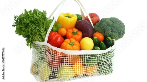 A shopping bag filled with a variety of vibrant fruits and vegetables, placed against a clean white background, representing health-conscious grocery shopping