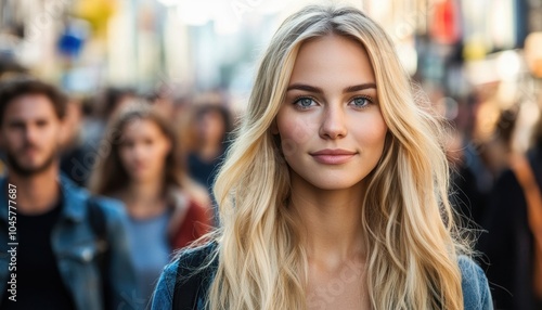 Wallpaper Mural A woman with long blonde hair stands on a busy city street surrounded by crowds Torontodigital.ca