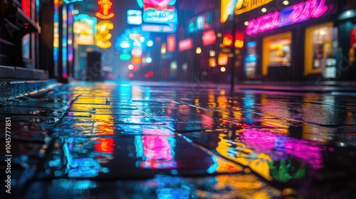 A close-up of neon signs reflecting in rain puddles, merging vibrant colors with a moody atmosphere for a dramatic effect