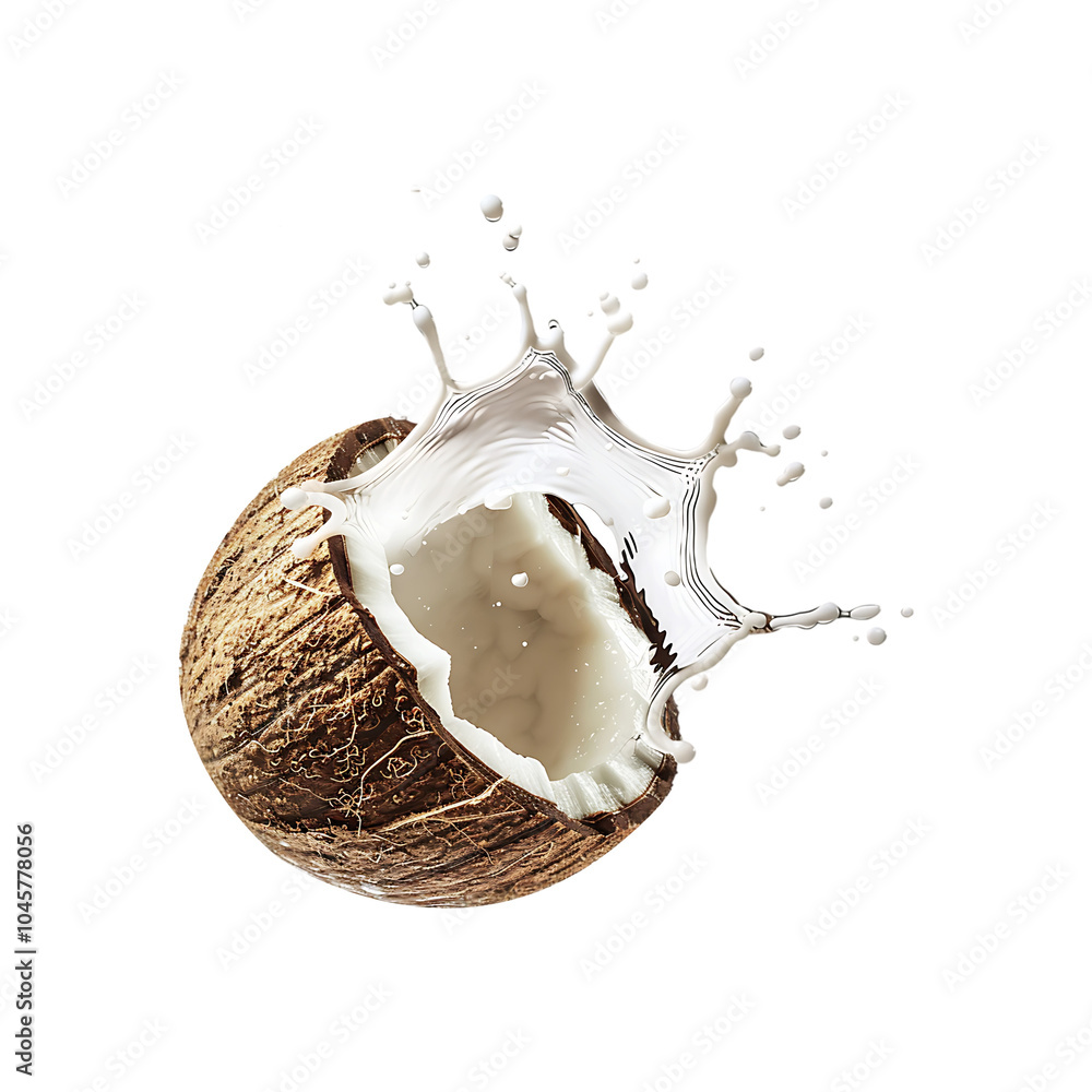 Fresh coconut with milk splash isolated on a transparent background by AI generative. Fresh coconut with milk splash isolated on a transparent background by AI generative.