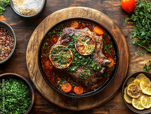 Osso Buco. The most popular Italian dishes. Braised veal shank served with gremolata, often with a rich sauce. Composition: Veal shank, white wine, broth, vegetables, gremolata.