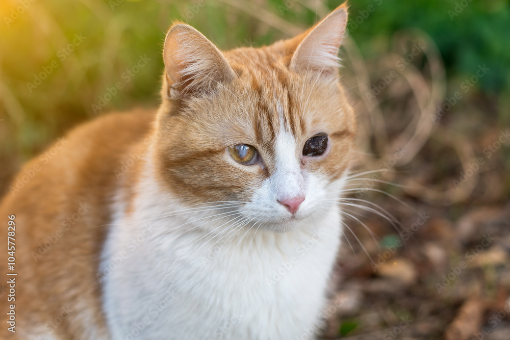 Detailed shot of a ginger feline with one damaged eye in a warm fall setting. Highlights the charm of imperfect beauty in a seasonal atmosphere. Great for animal and autumn concepts Detailed shot of a ginger feline with one damaged eye in a warm fall setting. Highlights the charm of imperfect beauty in a seasonal atmosphere. Great for animal and autumn concepts