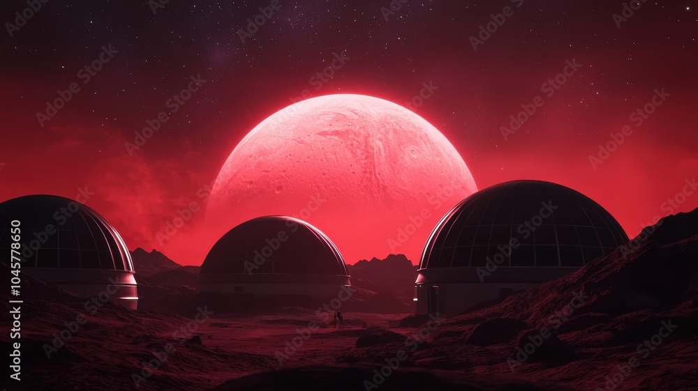A surreal landscape featuring domed structures under a vibrant red sky with a large celestial body looming overhead. A surreal landscape featuring domed structures under a vibrant red sky with a large celestial body looming overhead.