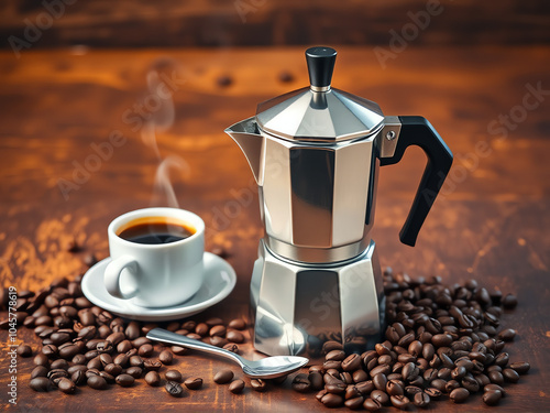 Coffee pot and cup of coffee placed on a rustic wooden surface, creating a warm and inviting atmosphere.