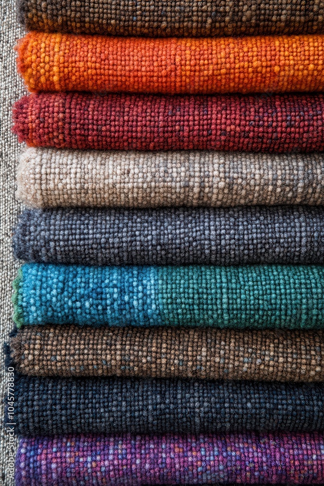 Colorful carpet swatches neatly stacked, showcasing a vibrant spectrum from reds to blues and purples Colorful carpet swatches neatly stacked, showcasing a vibrant spectrum from reds to blues and purples