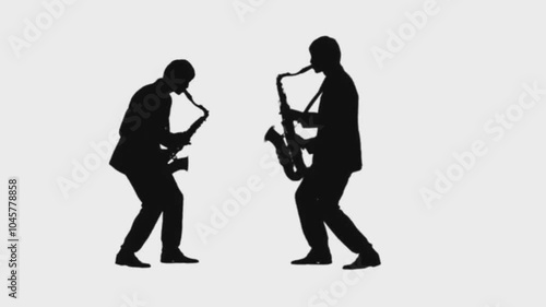 Silhouette of man blowing saxophone on transparent screen.