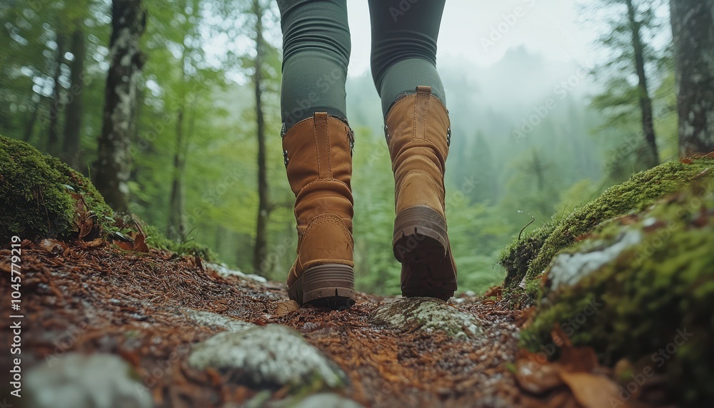A young woman walks along a forest trail surrounded by lush greenery in autumn A young woman walks along a forest trail surrounded by lush greenery in autumn