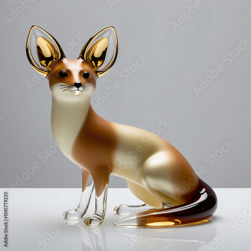 Elegant Glass Fennec Fox Sculpture in Warm Amber and Gold with Metallic Sheen on Glossy Surface Against Neutral Gray Background, generative ai photo