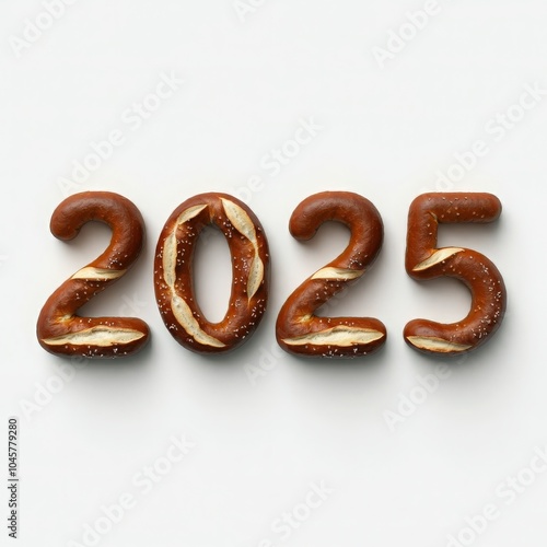 2025 number shaped from realistic salted pretzel bread on a white background, perfect for bakery marketing, New Year celebration designs, and creative typography.  photo