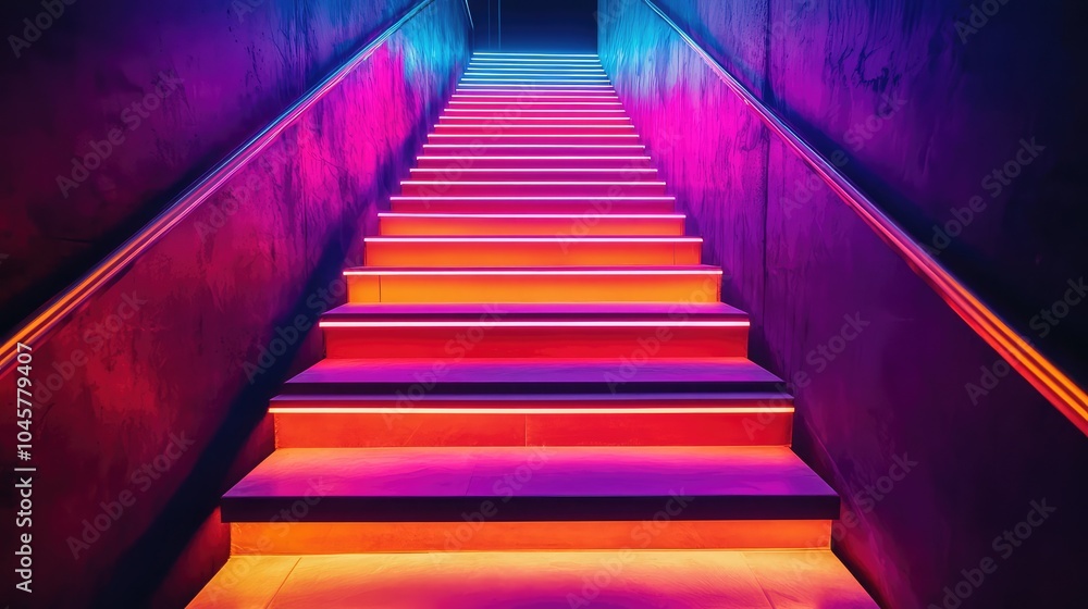 Fototapeta premium A dramatic shot of a neon-lit staircase, with glowing lights guiding the way down in vibrant colors against a dark setting