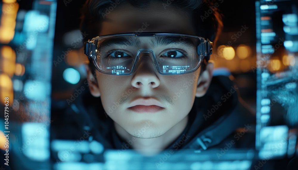 Handsome young man explores virtual reality with glasses and armament at night Handsome young man explores virtual reality with glasses and armament at night