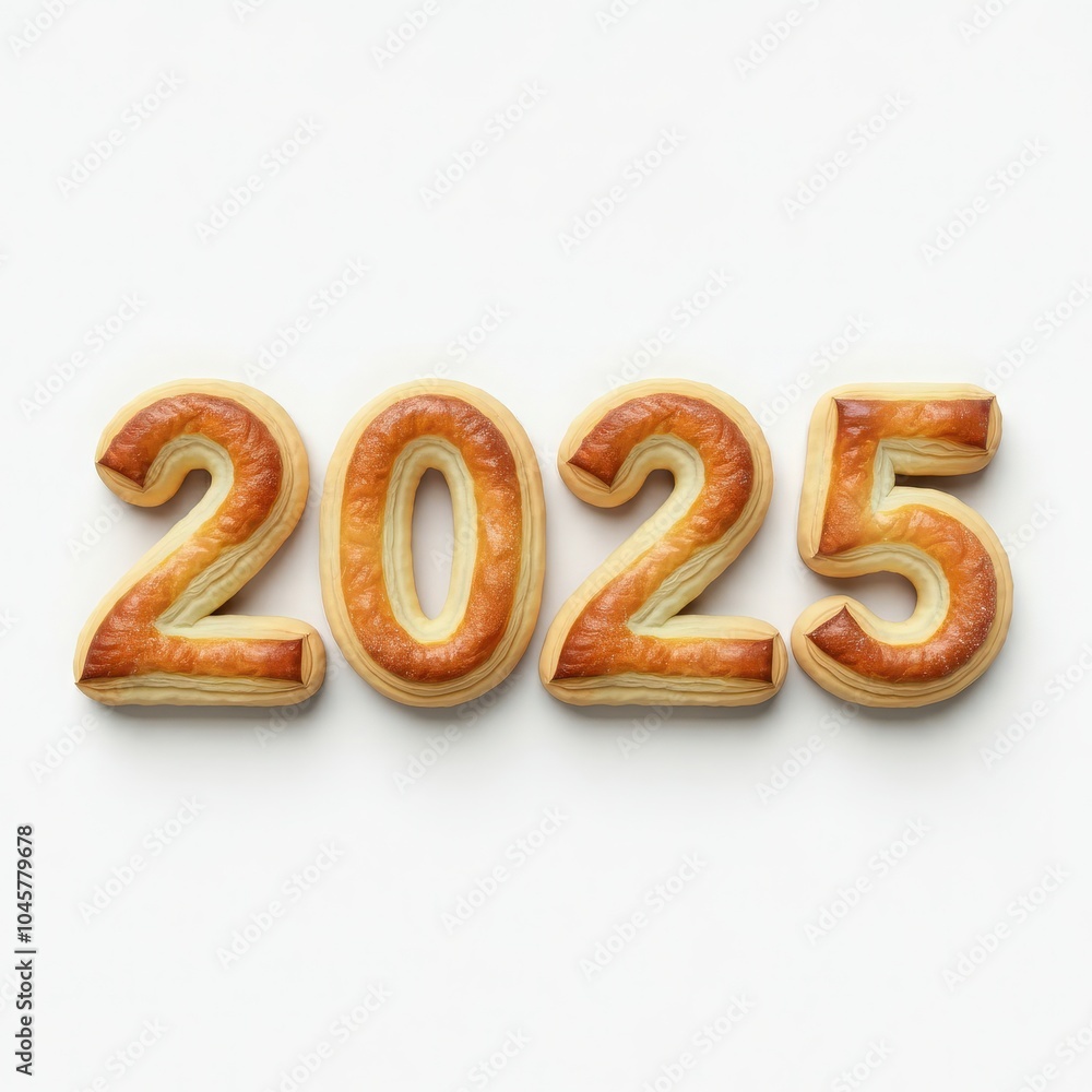2025 number designed from puff pastry on a clean white background, ideal for bakery advertisements, food typography, and New Year themed creative designs. 2025 number designed from puff pastry on a clean white background, ideal for bakery advertisements, food typography, and New Year themed creative designs.