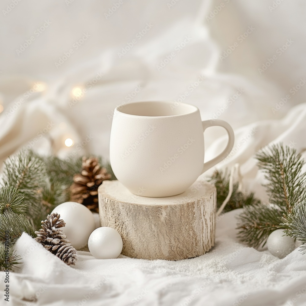 Minimalist blank cup on wooden slice Minimalist blank cup on wooden slice