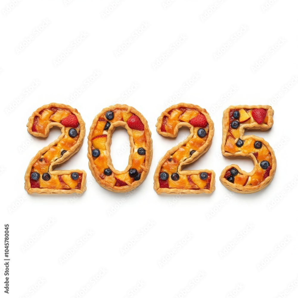 2025 number made of fruit-filled pie crust on a white background, perfect for bakery advertising, food typography, and New Year themed creative designs. 2025 number made of fruit-filled pie crust on a white background, perfect for bakery advertising, food typography, and New Year themed creative designs.
