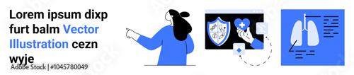 Woman pointing, shield with cross, hand holding medical app, and X-ray image of lungs. Ideal for healthcare, telemedicine, medical apps, diagnostics, and health technology. Banner for landing page