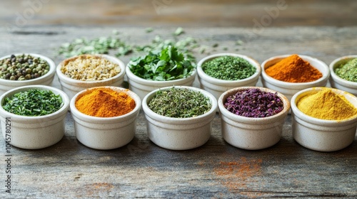 An assortment of colorful spices and herbs in individual cups, placed on a rustic surface, creating a visually appealing spice background