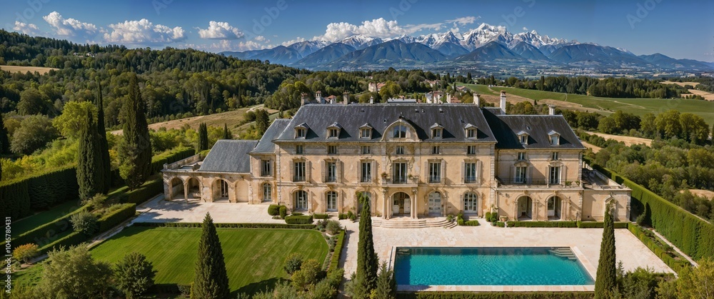 Obraz premium A stunning French mansion in the Alps of France with a pristine mountain view