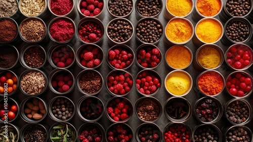 An overhead view of an assortment of spices in small cups, with vibrant hues of red, yellow, and brown, creating an inspiring culinary background