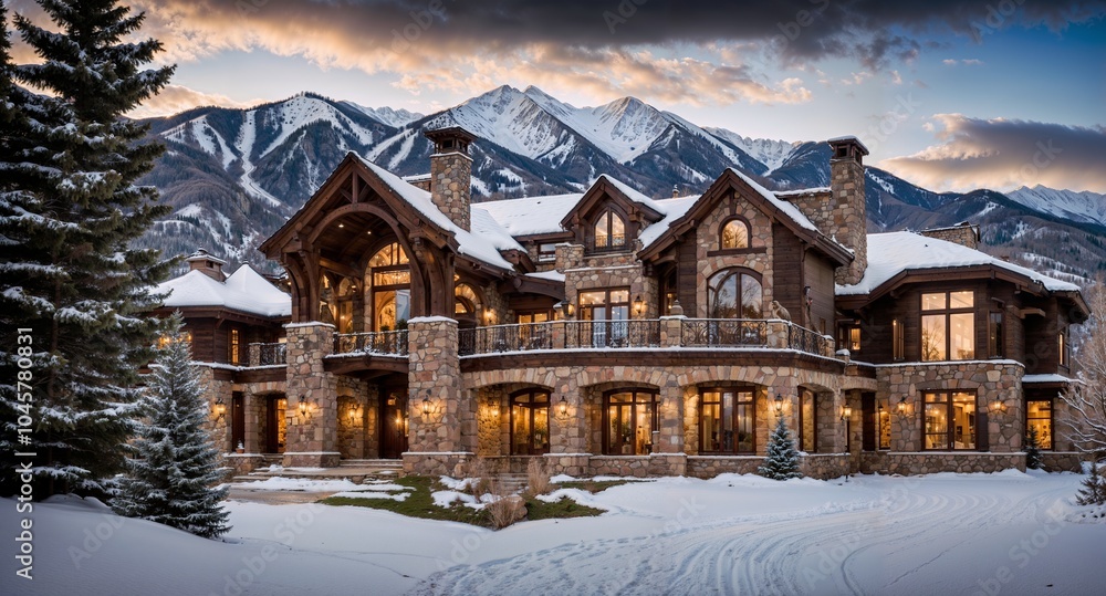 A luxurious and dreamy mansion in classic French style in Aspen, Colorado, with a stunning snowy landscape A luxurious and dreamy mansion in classic French style in Aspen, Colorado, with a stunning snowy landscape