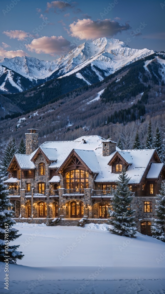 Fototapeta premium A luxurious and dreamy mansion in classic French style in Aspen, Colorado, with a stunning snowy landscape