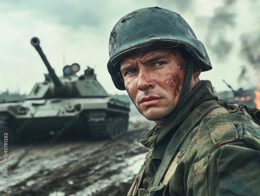 Soldier in battle, dramatic war scene Soldier in battle, dramatic war scene