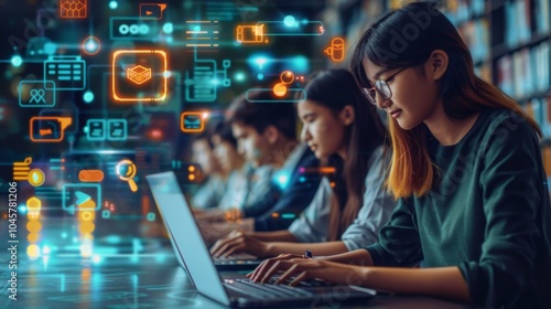 Focused young students coding on laptops with digital interface graphics in the background