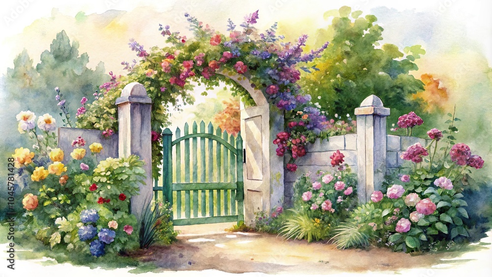 Fototapeta premium Watercolor painting of garden gate with flowers in bloom