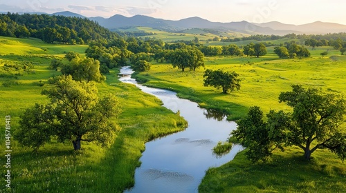 Serene River Winding Through Lush Green Valleys and Majestic Mountains in Nature's Embrace