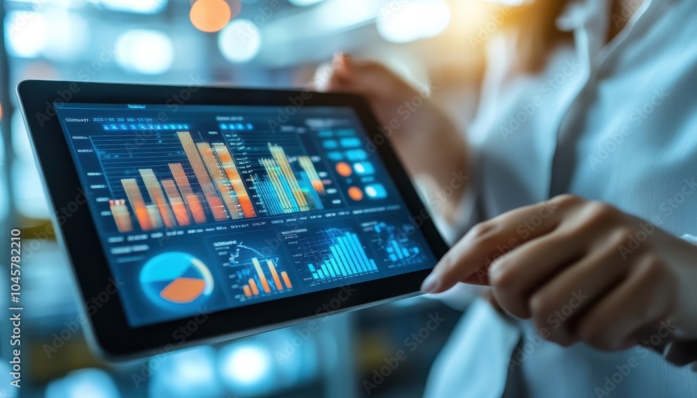 Analyzing warehouse inventory data on a tablet in a modern facility Analyzing warehouse inventory data on a tablet in a modern facility