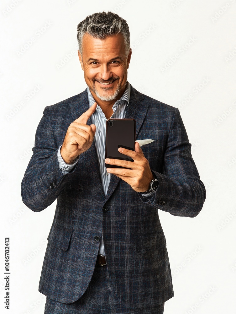 Elegant Man Demonstrating Smartphone in a Suit Elegant Man Demonstrating Smartphone in a Suit