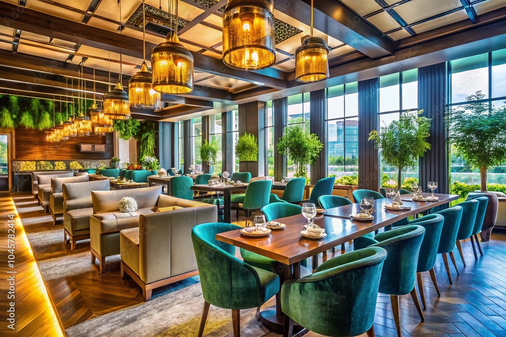 Fototapeta premium Luxury Empty Restaurant Interior with Natural Light and Modern Decor for Stunning Drone Photography